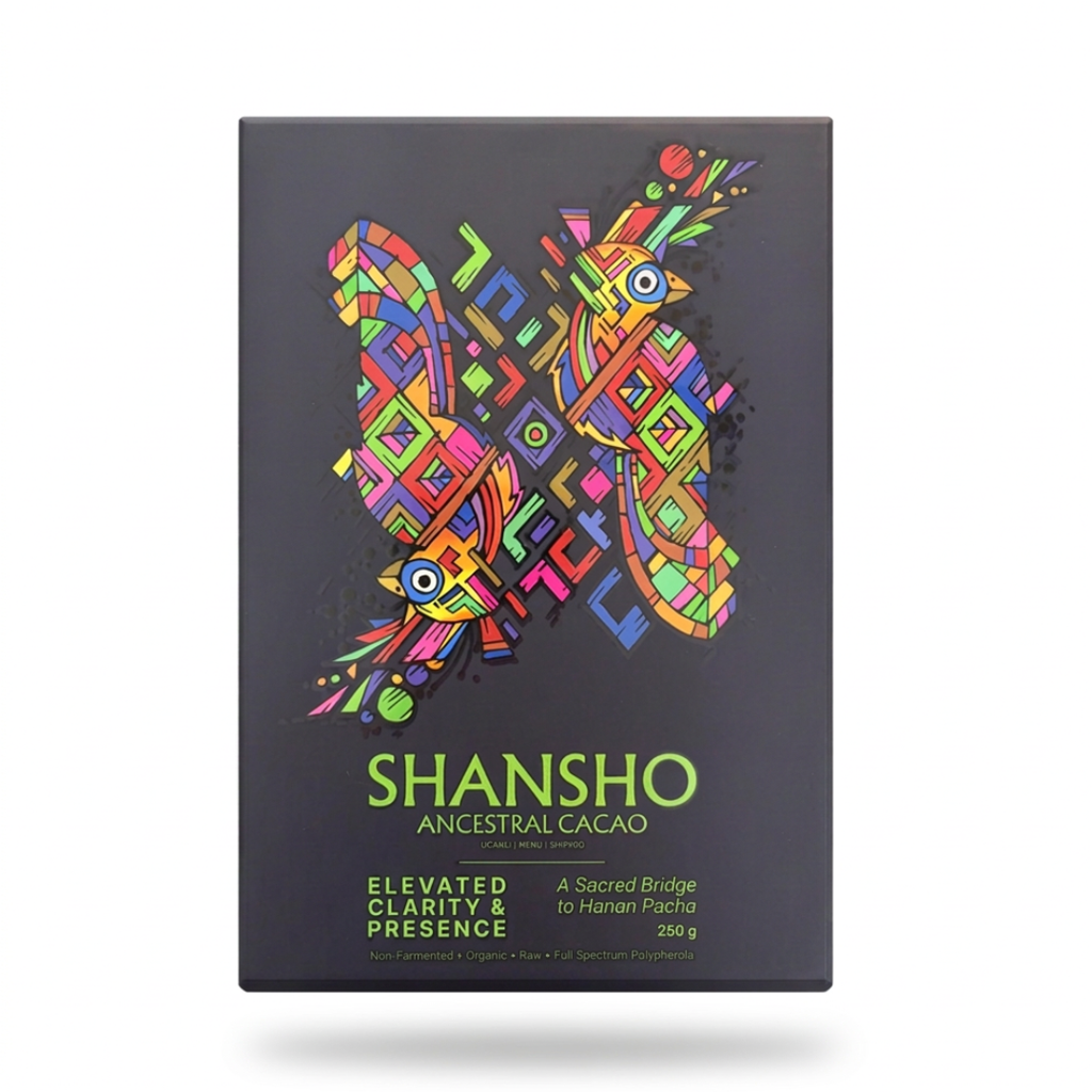 Shansho Ancestral Cacao chocolate bar packaging, featuring a dark charcoal gray box with a vibrant, multicolored geometric bird design and lime green text.